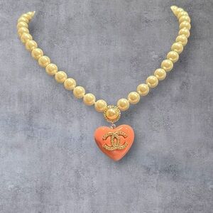 Upcycled Gold Pearl Necklace with Pink Heart Pendant